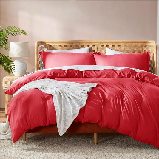 Nestl Red Duvet Cover Queen Size - Soft Double Brushed Queen Duvet Cover Set, 3 Piece, with Button Closure, 1 Duvet Cover 90x90 inches and 2 Pillow Shams