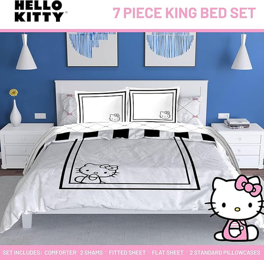 Jay Franco Comforter Set Includes Sheets and Pillow Covers - Soft and Cozy Bed Set for Stylish Room Decor, White - Hello Kity 7 Piece King Size Bedding