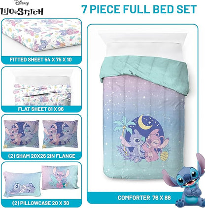 Jay Franco Disney Lilo and Stitch Full Size Comforter Set - 7 Piece Floral Bedding Includes Sheet Set & Pillow Covers Features Angel - Super Soft Purple & Teal Stars Kids Bedding