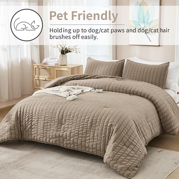 AveLom Taupe Seersucker California King Comforter Set (104x96 inches), 3 Pieces-100% Soft Washed Microfiber Lightweight Comforter with 2 Pillowcases, All Season Down Alternative Bedding Set