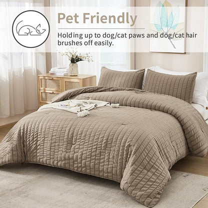 AveLom Taupe Seersucker Full Comforter Set (80x90 inches), 3 Pieces-100% Soft Washed Microfiber Lightweight Comforter with 2 Pillowcases, All Season Down Alternative Comforter Set for Bedding