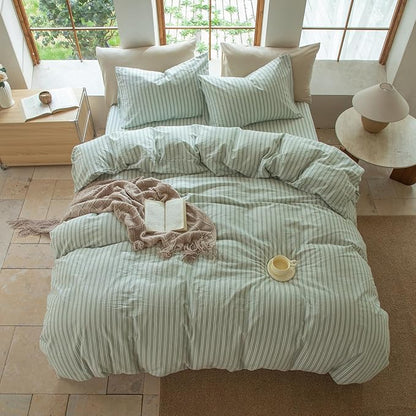 Sage Green and White Striped Duvet Cover,100% Washed Cotton Breathable and Linen Like Bedding Set(Strip-Sage Green/White,Twin)