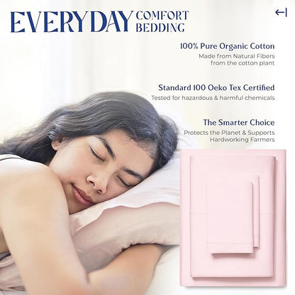 Mayfair Linen 100% Organic Cotton Sheets Queen Size - 4 PC Organic Cotton Queen Size Percale Weave Sheet Set, Soft, Cooling, Crisp & Breathable, 16" Deep Pocket Hotel Quality Bedding Set - Blush