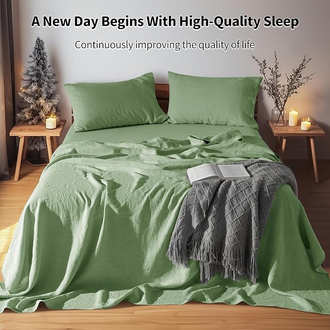 LBRO2M 100% Pure Linen Sheet Set Deep Pocket Up to 16" Bed Sheets Sets, Natural Flax Beddings Soft, Breathable, Comfortable for All Seasons 4 Pcs Sheet Set Full Size, Green