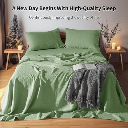 LBRO2M 100% Pure Linen Sheet Set Deep Pocket Up to 16" Bed Sheets Sets, Natural Flax Beddings Soft, Breathable, Comfortable for All Seasons 4 Pcs Sheet Set King Size, Green