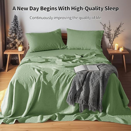 LBRO2M 100% Pure Linen Sheet Set Deep Pocket Up to 16" Bed Sheets Sets, Natural Flax Beddings Soft, Breathable, Comfortable for All Seasons 4 Pcs Sheet Set King Size, Green