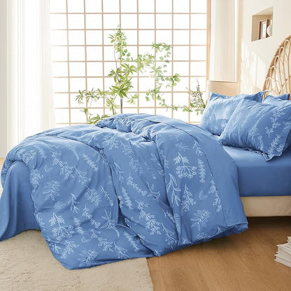 MUXHOMO Duvet Cover King Size, Reversible Floral Ice Blue Duvet Cover Set with Zipper Closure, 3 Pieces Botanical Patterns Soft Microfiber Bedding Set with 4 Ties (90"x104", 2 Pillow Cases)