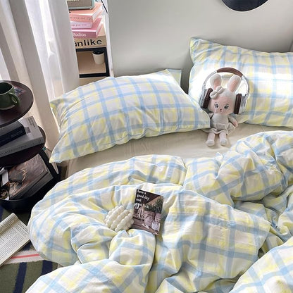 EAVD Buffalo Plaid Duvet Cover Queen Soft Washed Cotton Bedding Set Yellow Blue Grid Checkered Bedding Set with 2 Pillowcases Vintage Style Gingham Duvet Cover with Zipper Closure