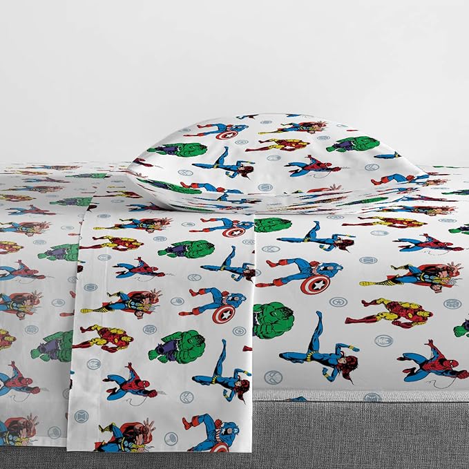 Jay Franco Kids Sheet Set with Fitted, Flat Sheets & Pillow Cover - Ultra-Soft Bedding with Pillowcase for Room Decor, White - Avengers, 3 Piece Twin