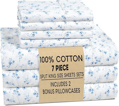 Casa Platino 100% Cotton Sheets Split King Size Set - 7 Pieces (1 Flat, 2 Fitted, 4 Pillowcases) - Soft, Breathable & Cooling Percale Bed Sheets with Deep Pocket - Split King Sheet Set - Floralis