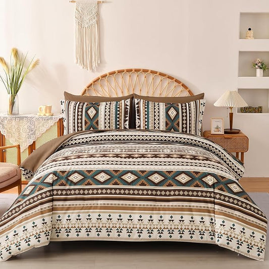 Dinjoy Boho King Size Bed in A Bag 7 Pieces,Brown/Coffee Comforter Set Aztec Striped Fall Bedding Set Bohemian Patchwork Complete Set Geometric Pattern Comforters for Women Men 90"×104"