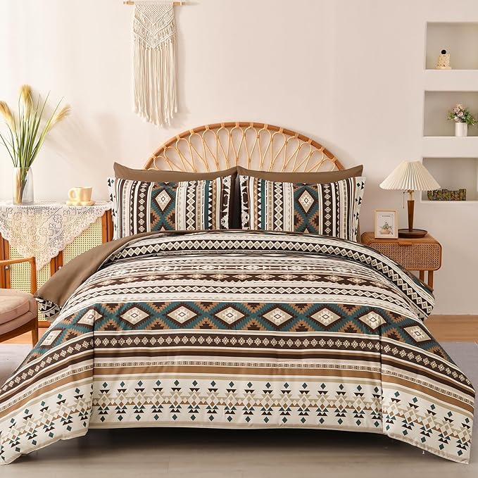 Dinjoy Brown Boho Comforter Set Queen Size,7 Pieces Bed in a Bag Queen Coffee Aztec Bedding Sets with Sheets Bohemian Geometric Striped Complete Set for Fall Winter 90"x90"
