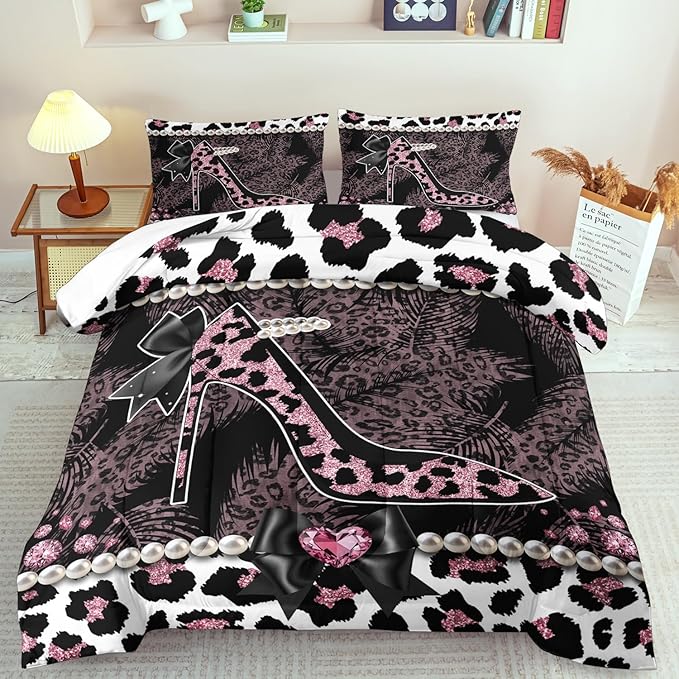 Sexy High Heels Leopard Print Comforter Set Queen Girls Red Cheetah Print Bedding Set Women High Heels Leopard Comforter Animal Quilt Bedroom Decor Cheetah Bedding Bed Decor