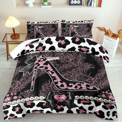 Sexy High Heels Leopard Print Comforter Set Full GirlsRed Cheetah Print Bedding Set Women High Heels Leopard Comforter Animal Quilt Bedroom Decor Cheetah Bedding Bed Decor