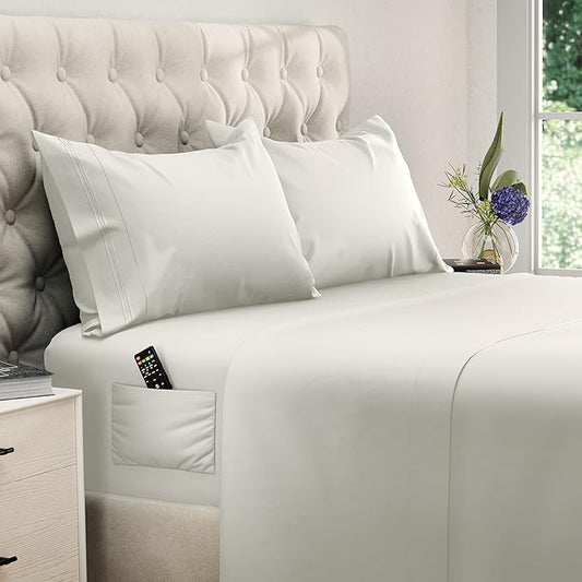 DREAMCARE Full Size Sheets - Cooling Bed Sheets - 4pcs Set - up to 15" Deep Pocket Full Sheet Set - Sheets Full Size Bed - Soft & Long Lasting 100% Fine Brushed Polyester with Side Pocket - Ivory