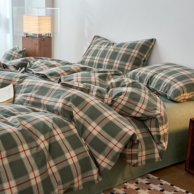 EAVD Vintage Style Green Plaid Duvet Cover Queen Soft 100% Washed Cotton Red Green Grid Checkered Bedding Set with 2 Pillowcases Retro Farmhouse Geometric Grid Duvet Cover with Zipper Closure