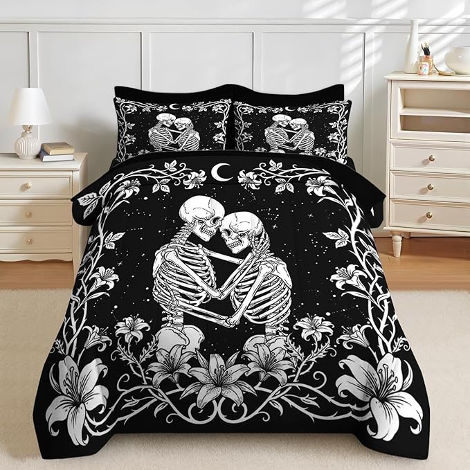 Nesker Comforter Set Full Size, Gothic Kissing Skeleton Lover 7 Pcs Bedding for Kids and Adults, Rose Black Lovers Black Bed Sheet Sets with Fitted Sheet 2 Pillowcases & 2 Shams