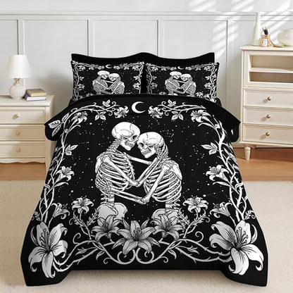 Nesker Comforter Set Twin Size, Gothic Kissing Skeleton Lover 5 Pcs Bedding for Kids and Adults, Rose Black Lovers Black Bed Sheet Sets with Fitted Sheet Pillowcase & Sham