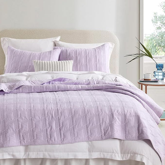 HORIMOTE HOME 100% Cotton Quilt Set King Size, Lavender Pre-Washed 3-Piece Bedspread Coverlet Set, Cozy Lightweight Stitching Decorative Bedding Cover with 2 Shams in Geometric Pattern for All Season