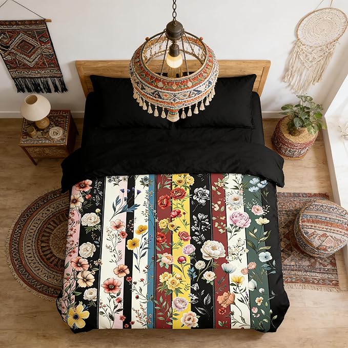 Black Vintage Floral Comforter Set Queen Size, Farmhouse Botanical Flowers Bedding Set for Adult Women Bedroom Decor, 3Pcs Lightweight Microfiber Comforter with 2 Pillowcases, 90"x90"