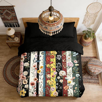 Black Vintage Floral Comforter Set Queen Size, Farmhouse Botanical Flowers Bedding Set for Adult Women Bedroom Decor, 3Pcs Lightweight Microfiber Comforter with 2 Pillowcases, 90"x90"
