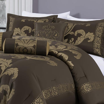 Chezmoi Collection Royale 7-Piece Jacquard Floral Comforter Set, Oversized Queen, Coffee/Gold