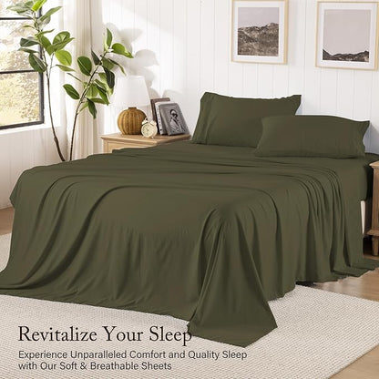 ROSE&RISY Dark Green Sheets Queen Sheet Set, Pre-Washed Cotton-Like Brushed Microfiber, 4 Pcs Super Soft Breathable Cooling Bed Sets,Includes 1 Fitted, 1 Flat, 2 Pillowcases (Dark Green, Full)