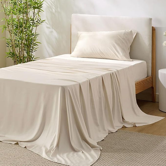 Bedsure Cooling Sheets Twin XL, Rayon Derived from Bamboo, PureWoven, Breathable & Soft Twin XL Sheet Sets, Deep Pocket Up to 16 Inches, Hotel Luxury Silky Dorm Bedding for Hot Sleepers, Light Beige