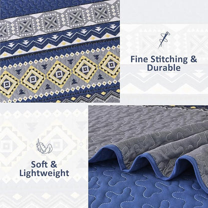 WONGS BEDDING 3 Pieces Quilt Set Queen Size, Navy Blue Quilt Bedspread Lightweight Bohemian Coverlet Set with 2 Pillowcase, Soft Geometry Printed Bedding Set Queen for All Season 96"×90"