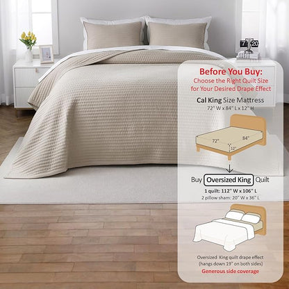 Max Oversized California King Quilt Set – 112"x106"Soft Washed Lightweight Bedspread,Multi-Lock Quilting,Minimalist Nordic Bedding, Spring & Summer Quilt Set (1 Quilt + 2 Pillow Shams), Oatmeal