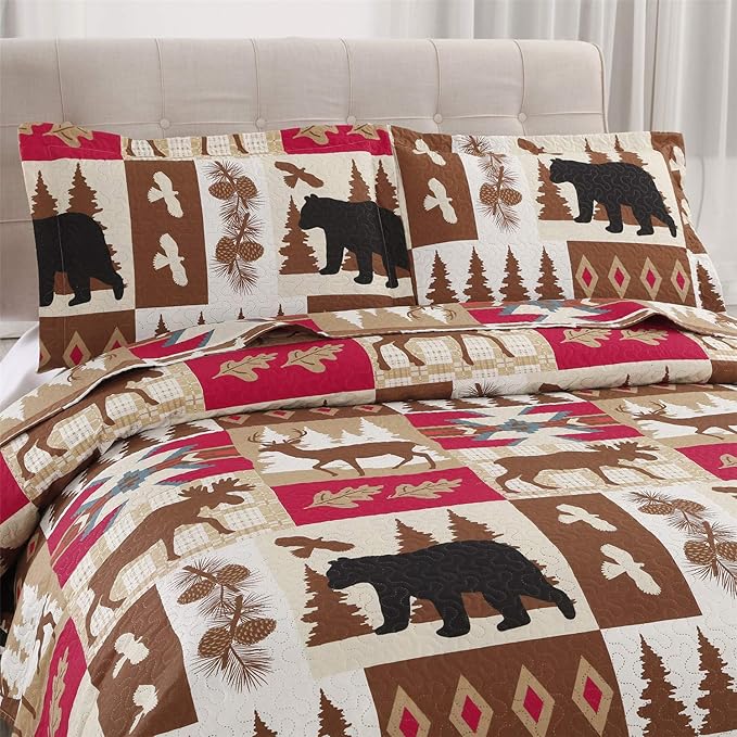 Rustic Quilt Set Full/Queen Size (90"x90") Lodge Cabin Bed Spread Lightweight Coverlet Reversible Bedding Set Deer Bear Bedspreads Wildlife Patchwork Plaid Bed Cover Country Decor With 2 Pillow Shams