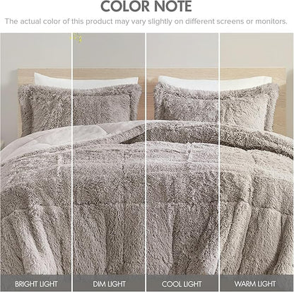 Intelligent Design Malea Shaggy Comforter Set, Long Faux Fur Cozy Down Alternative, Modern Casual Ultra Soft All Season Fluffy Bedding with Matching Sham, King/Cal King, Grey 3 Piece
