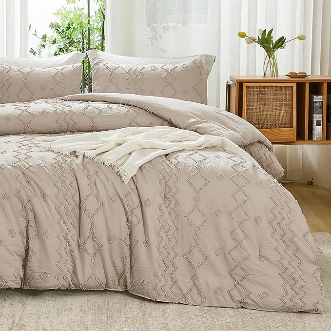 Andency Khaki Tufted Comforter Set Full(79x90Inch), 3 Pieces(1 Tufts Comforter, 2 Pillowcases) Boho Textured Farmhouse Bed, Microfiber Down Alternative Geometric Tan Bedding Set
