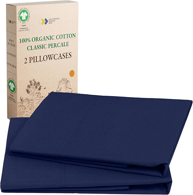 California Design Den 100% Organic Cotton King Pillowcase Pair, Set of 2, Soft & Crisp Percale Weave Cotton Pillow Covers (Navy)