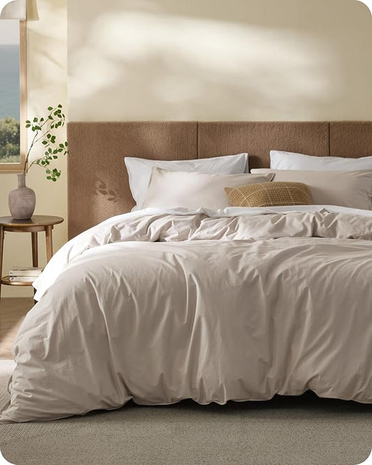 Bedsure Cotton Duvet Cover King - Luxury Slub Weave 100% Cotton Duvet Cover Set, PureWoven Bedding Set with a Linen Like Textured, Easy Change, Natural Linen, 104" x 90"