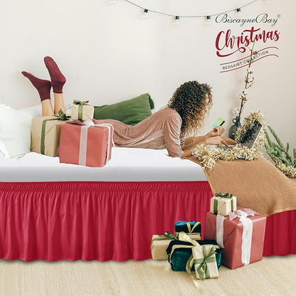 Biscaynebay Wrap Around Bed Skirts for Queen Beds with Short Drop of 12", Red Adjustable Elastic Dust Ruffles Easy Fit Wrinkle Resistant Silky Luxurious Fabric Machine Washable