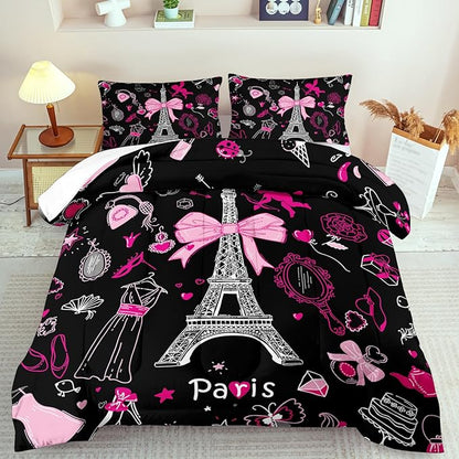 Eiffel Tower Comforter Set King Size,Eiffel Tower Bedding Set for Girls, Pink and Black Paris Themed Comforter Bedroom Decor,Paris Quilt French Style Romantic Bedding