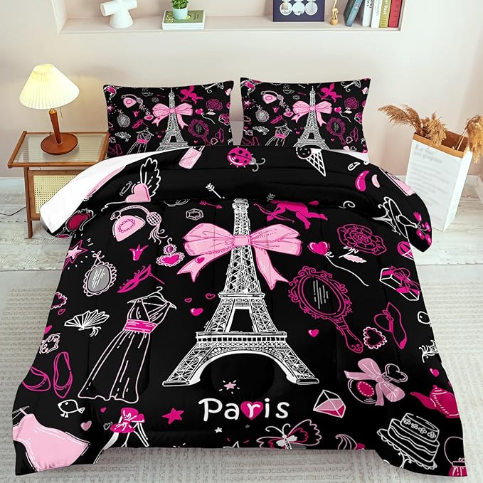 Eiffel Tower Comforter Set Queen Size,Eiffel Tower Bedding Set for Girls, Pink and Black Paris Themed Comforter Bedroom Decor,Paris Quilt French Style Romantic Bedding