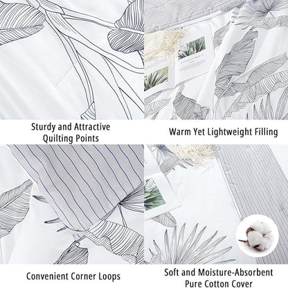 Botanical Cotton Comforter King Size - White Comforter with Delicate Black Leaves Patterns,Grey Reversible Lightweight Bedding Sets 3Pcs(Stripes)