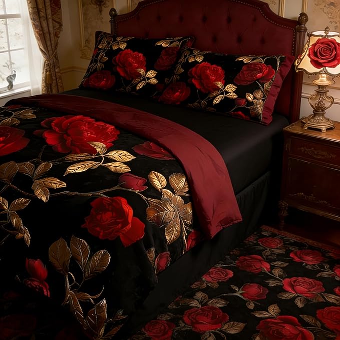 Vintage Floral Twin Size Bed in A Bag for Girls, 7Pcs Burgundy Comforter Set for Gothic Bedroom Decor, Black Floral Quilted Bedding with 2 Pillowcases, 68"x86"
