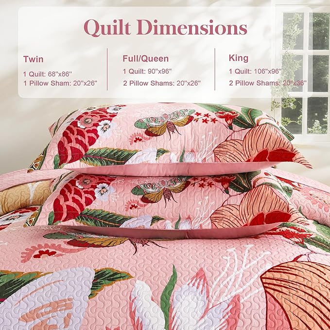3 Piece Pink Boho Floral Full/Queen Quilt Sets Farmhouse Botanical Reversible Lightweight Bedspread with 2 Shams Butterfly Microfiber Bedding Quilts Set for All Season, 90''x96''