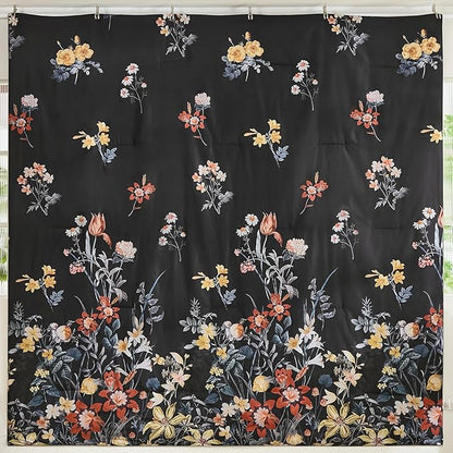 WONGS BEDDING Queen Comforter Set 7 Piece, Black Floral Bed in a Bag Bedding Set with Botanical Flowers Patterns, Soft Lightweight Complete Comforters with Sheets for All Season