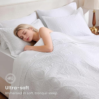 Love's cabin Queen Quilt Set White, Bed in a Bag Queen Size Bedding 7 Pieces, Ultrasonic Embossed Coin Pattern Comforter, Lightweight Bedspreads for All Seasons Quilt with Sheets, Pillowcases & Shams