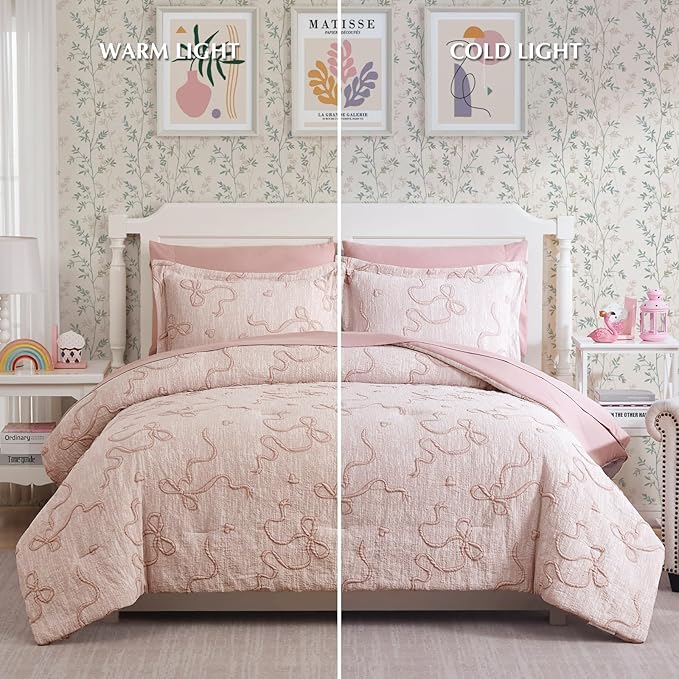 Geniospin Pink Full Comforter Set for Girls- 7 Pieces Bowknot Jacquard Bed in A Bag Full Bedding Sets with Sheets, Pillowcases & Shams, All Season Kids Comforter Set