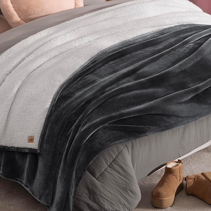 UGG Nita Full/Queen Blanket, Cozy Soft Queen Bedding, Plush Fleece Blanket for Bed, Extra Large Throw for Couch, Luxury Bedroom Decor, 90-inch x 90-inch, Charcoal Grey