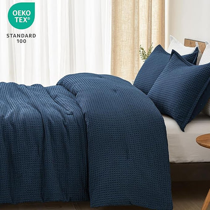PHF Ultra Soft Waffle Weave Comforter Set California King Size, 3 Pieces Lightweight Breathable Comfy Bedding Set, Comfy Textured 1 Comforter with 2 Pillow Shams, Navy Blue