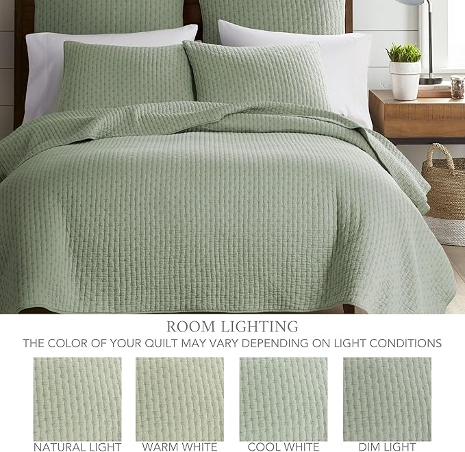 Levtex Home Cross Stitch Reversible Queen Bedspread Set (104x106in) with 2 Pillow Shams (26x20in) - Stitch Texture - Desert Sage - Cotton Queen Size Bedspread Set - Lightweight, Soft, Pre-Washed