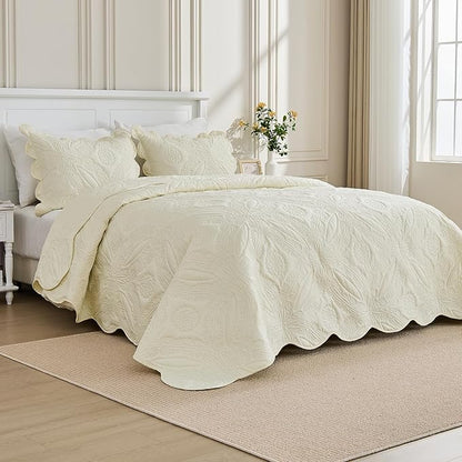 Kingnex Oversized King Bedspreads 128x120 for Extra Wide Tall King or Cal King Bed Ultrasonic Quilted Coverlet Set 3 Piece Include 1 Quilt 2 Pillowcases Cream