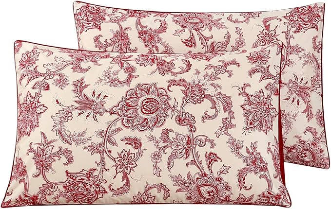 WINLIFE 100% Cotton Pillowcases King Set of 2, Red Boho Paisley Floral King Pillow Cases 2, Soft and Envelope Pillow Case (King Size, 20x36 inches)
