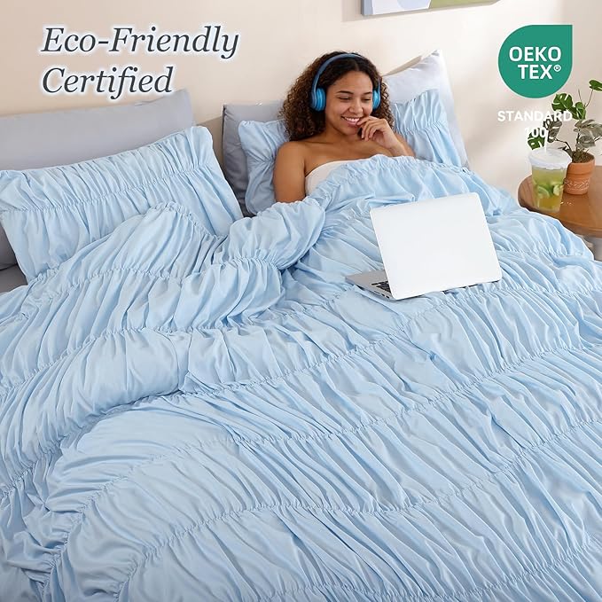 weigelia Cinched Comforter Set King – Soft Ruched Bedding Set, 3PCS Light Blue All-Season Fluffy Lightweight Comforter with Pillowcases for Bedroom, Apartment & Dorm Decor